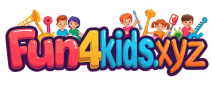 fun4kids.xyz logo with open book, stars, and playful colorful design for kids learning website